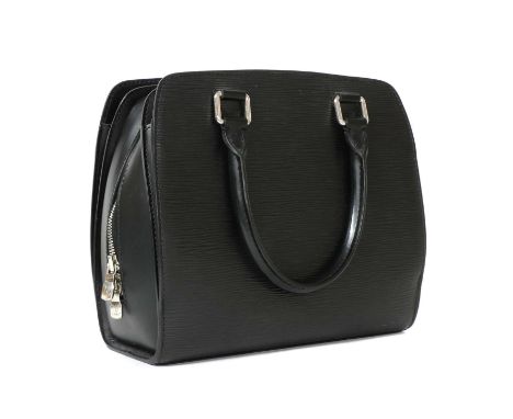 A Louis Vuitton black epi leather Pont Neuf bag, dual-rolled handles, silver tone hardware, zip top closure opening to intern