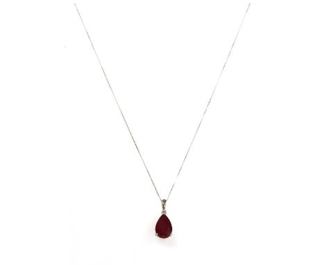 A white gold single stone fracture filled ruby pendant, a pear mixed cut fracture filled ruby, approximately 12 x 8mm, three 