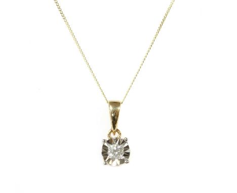 A gold single stone diamond pendant, a brilliant cut diamond grain set to a white gold illusion plate, to yellow gold gallery