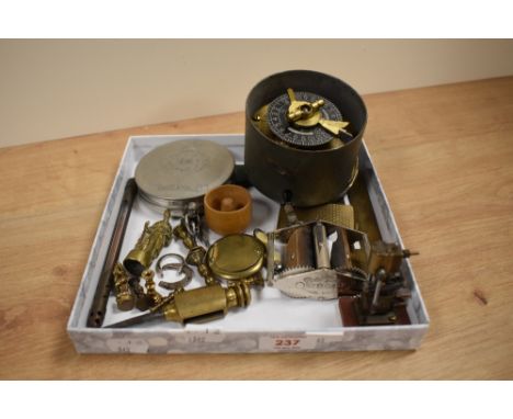 A miscellany of items, including brass wax sealing stamps, a 1930s Newbridge controller, thermometer and similar.