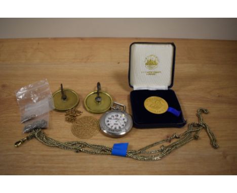 A collection of miscellaneous items including a Timex Expedition pocket watch, a silver curb link chain, and a fine pierced w