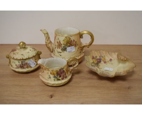 An assorted collection of Royal Worcester blush ivory table ware, to comprise a teapot without lid, a cream jug, lidded sucri