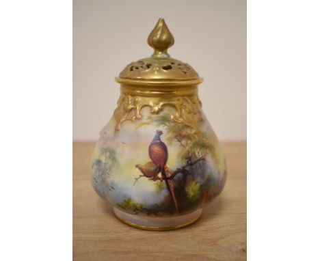 A Victorian Royal Worcester lidded pot pourri jar, H115.54, hand decorated with pheasants and heightened with gilding, stampe