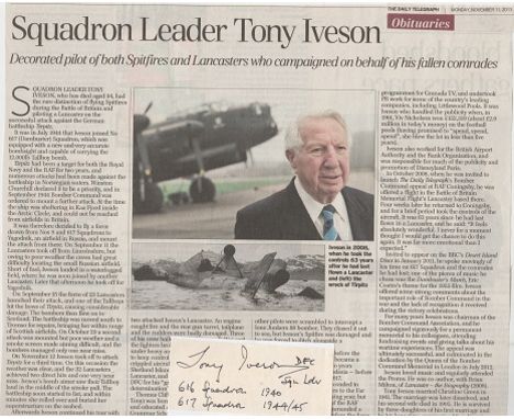 Flight Lieutenant Thomas Clifford Tony Iveson DFC Signature and full Obituary of 616 Squadron Battle of Britain. In 1942 he j
