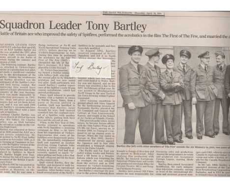 Squadron Leader Anthony Charles Bartley DFC* Signature of 92 Squadron ace in the Battle of Britain. Plus excellent full Obitu