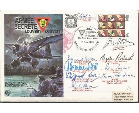 Secret Army RAF Escaping Society cover signed by nine members of the TV series. Includes Bernard Hepton, Moniaue Duchamps, Na