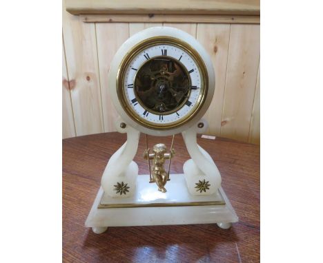 A FRENCH MANTLE CLOCK HAVING PENDULUM WITH SWINGING CHERUB,  H 24 cm