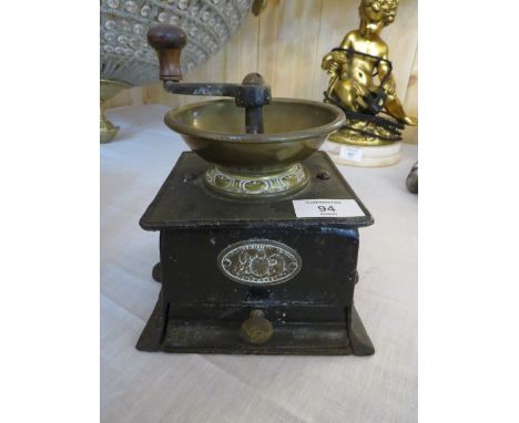 A VINTAGE 'J &amp; W FINDLAY - LIVERPOOL' COFFEE GRINDER AND A CAST SMOOTHING IRON (2)