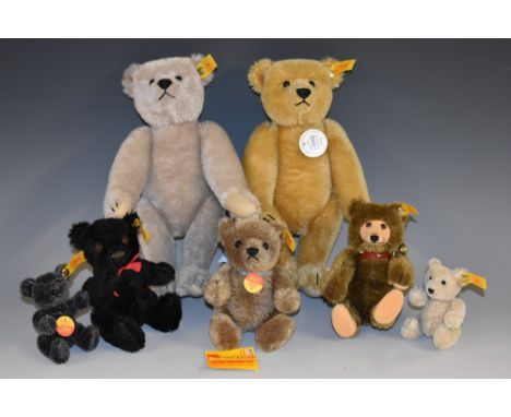 Steiff Bears - a collection of seven small and miniature bears, comprising 030543, Black;  001666, grey;  001727, classic 190