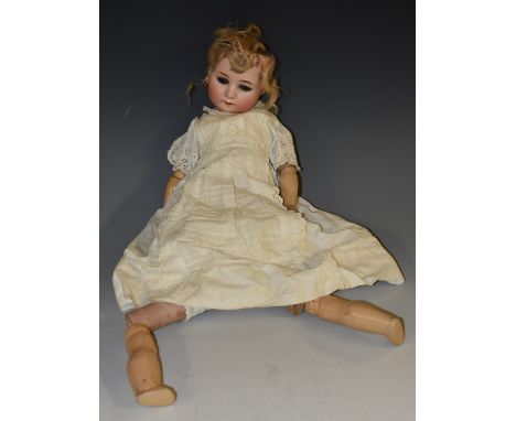 A William Goebel porcelain headed doll, open mouth, sleeping blue eyes, blond wig, composite body, strung wooden and composit