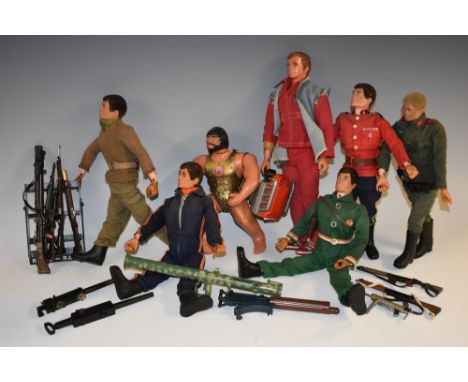 A collection of six Action Man figures, inc Intruder, Tom Stone, Pilot, Soldier etc assorted uniforms, guns and others weapon