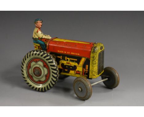 Mettoy  - a tinplate friction powered push and go tractor, steering front wheels, 15cm long 