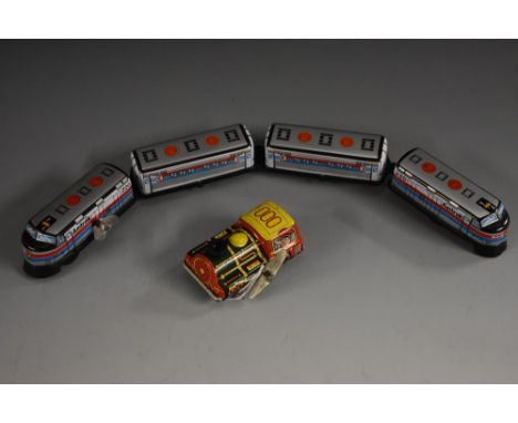 Sanko Toys - a small scale Amtrak clockwork lithographed tin  train, four section articulated body, printed marks, 42cm long;