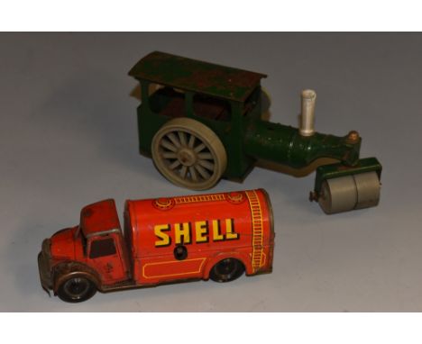 Tinplate - a Brimtoys clockwork Shell tanker, red body, yellow detailing, 10.8cm long;  a Tri-Ang Minic steam roller , green 