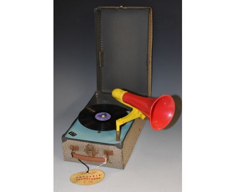A Chad Valley miniature/toy portable clockwork gramophone, pattern number 12116, with a single Edison Bell miniature record 2