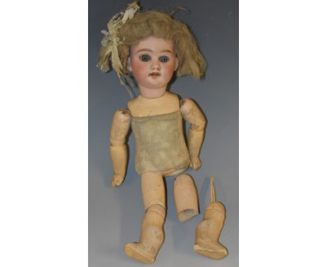 Armand Marseille - a German bisque headed Dolly face doll, sleeping blue eyes, open mouth with four teeth, blond wig, impress