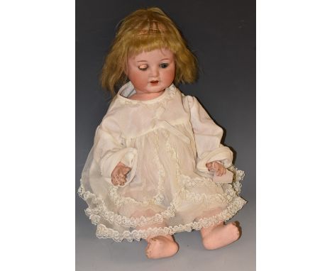 Armand Marseille/ Koppesldorf - a bisque porcelain head 996 baby doll, sleeping blue eyes, open mouth, two teeth, blond wig, 