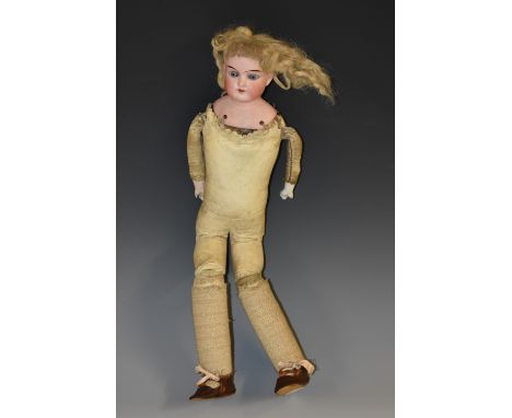 An Armand Marseille 370 bisque head shoulder doll, fixed blue eyes, open mouth,  blond hair, impressed 370 a M 6 0 DEP, made 