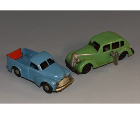 Clockwork - a vintage Pocketoy clockwork saloon car, green painted metal body, grey grill, clockwork motor, marked Pocketoy, 