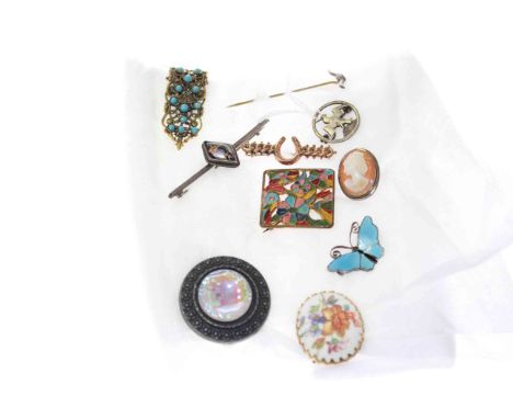Collection of brooches and pins including David Anderson silver and enamel butterfly (10)