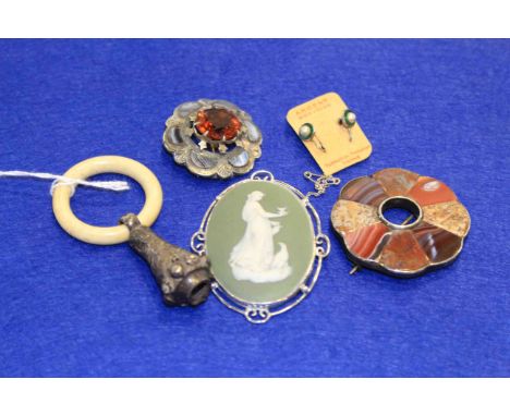 Teething ring, two Scottish brooches, Wedgwood brooch and pair of earrings
