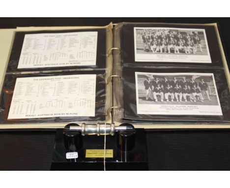 Silver bails to commemorate the 1977 jubilee test match between England and Australia and first day covers of cricketing inte