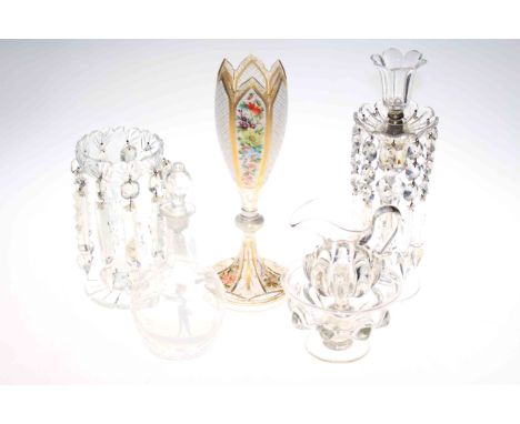 Two table lustres, Bohemian overlay vase, jug and basin, and decanter