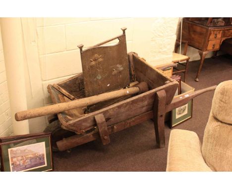 Vintage wooden wheelbarrow, Compactum Thumper and brass firescreen (3)