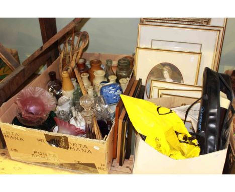 Box with glass, light shades, stone bottles, etc,  and pictures, musical instruments, coins, etc