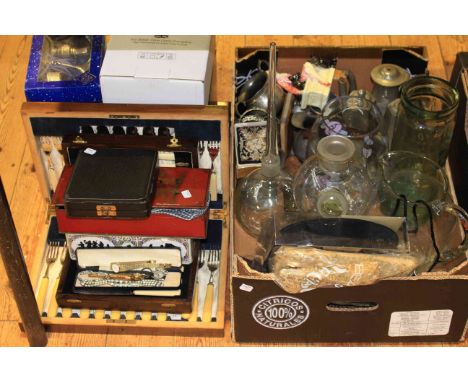 Canteens of cutlery, glass wares, pewter, watches, bracelets, ring, three bags etc