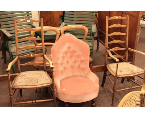 Pair of ladder back elbow chairs, pair of Victorian chairs and turned leg nursing chair (5)