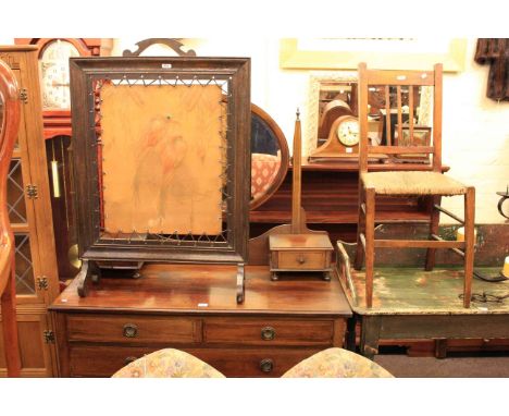 Edwardian mahogany dressing table, oak framed firescreen and rush seated side chair (3)