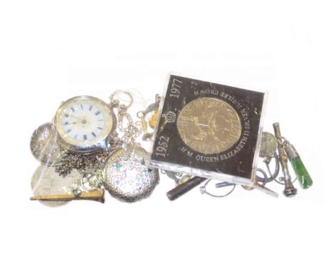 Silver and enamel pocket watch, another silver pocket, coins, etc