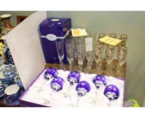 Boxed blue crystal hock glasses, Royal Doulton decanter, champagne flutes and tumblers