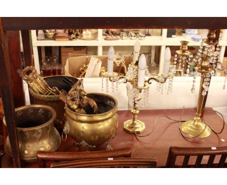 Three brass planters, two four branch brass table lamps, wall light, pair of ornate brass cornice holders and three pictures