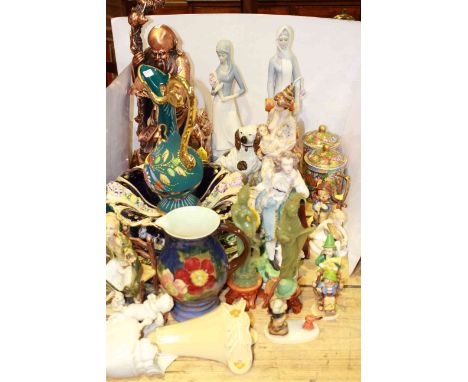 Collection of decorative china, figures, wall vases, Hummel, etc