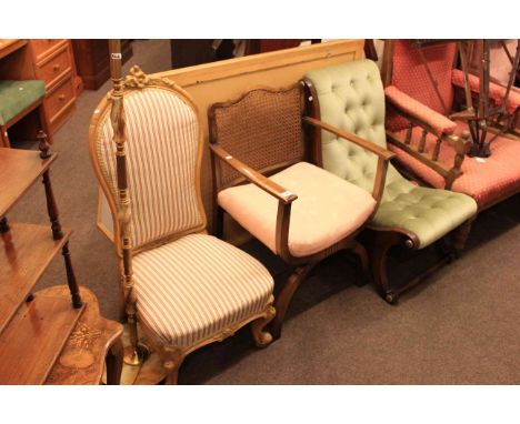 Two nursing chairs, 1930's elbow chair and gilt and onyx standard lamp and shade (4)