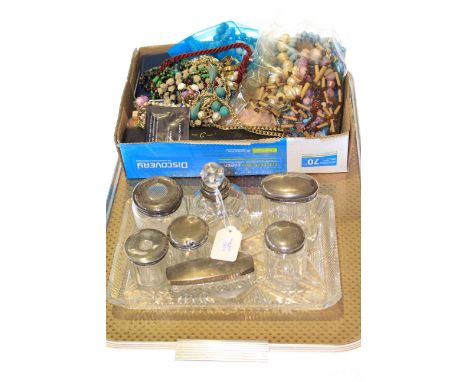 Seven silver topped/mounted toilet jars, crystal trinket tray and box of jewellery