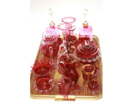 Collection of ruby glass including hand bells, trumpet spills, etc