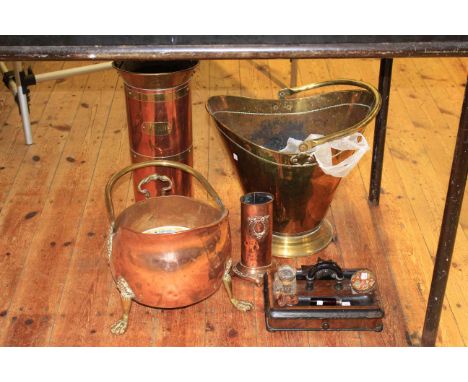 Two copper coal buckets, umbrella stand, poker stand, desk stand, scent bottle, netsuke, cane handle and china box