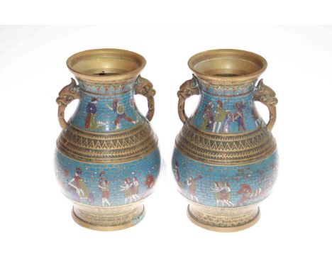 Pair brass and enamel vases decorated with chariots and figures
