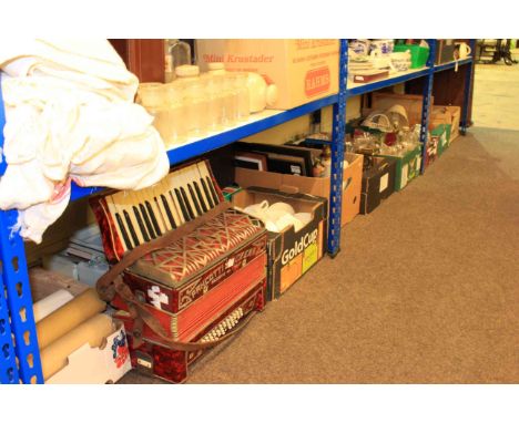 Eight boxes of glass and china, accordion, West German vase, etc