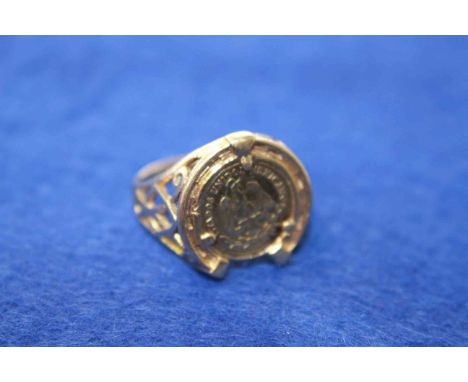 9 carat gold ring mount containing a coin, probably 5 Pesos