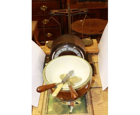 Balance scales and weights, mantel clock, salad bowl and red boy picture