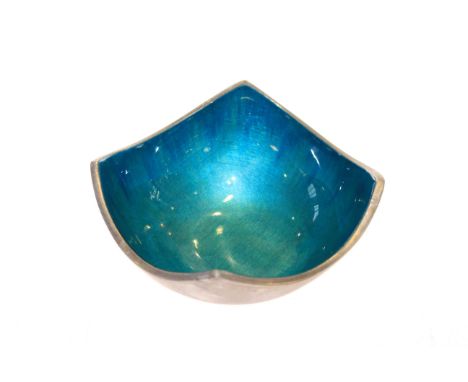 Deco white metal bowl with blue enamel interior