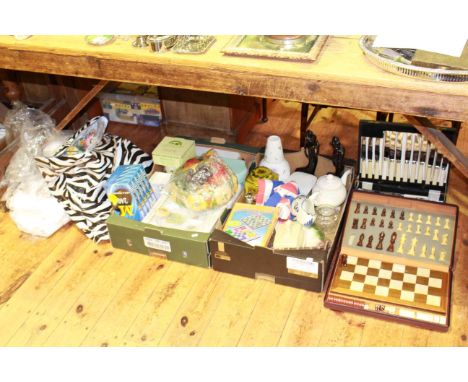 Canteen of cutlery, travel chess and draughts, table linen, and two boxes of mostly china pieces, some boxed