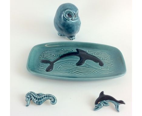 Poole pottery owl, dolphin oblong pin dish and pair Poole pottery broaches