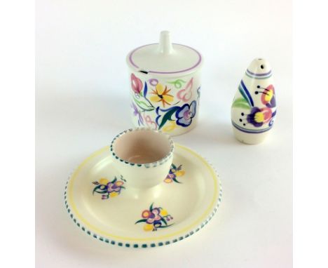 Poole Pottery jam pot , egg cup, salt shaker