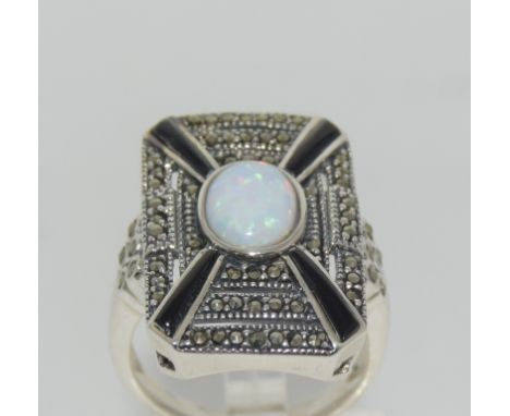 Silver deco style ring with marcasite and central opal