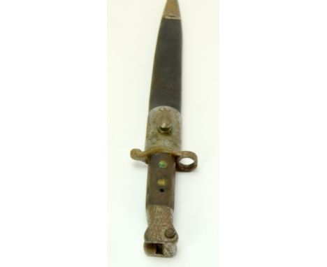 A late Victorian Lee Metford bayonet made in 1892 by Wilkinson in its leather scabbard with steel mounts